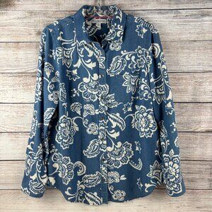 Kim Rogers Floral Blouse Collared Button Up Chambray Blue & Ivory Medium